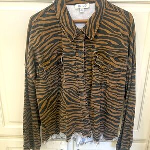 Tiger striped denim snap front jacketed or can wear as shirt, frayed edges